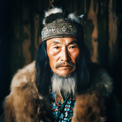 Resilient Spirit: Portrait of an Old Ainu Man in Traditional Attire - generative ai