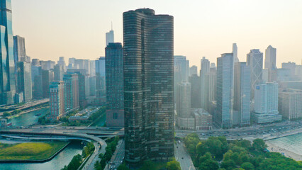 Aerial view of Chicago lakefront and city skyline
