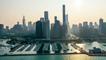 Aerial view of Chicago lakefront and city skyline