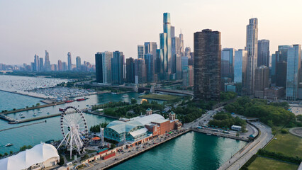 Aerial view of Chicago lakefront and city skyline