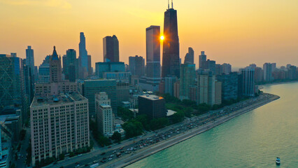 Aerial view of Chicago lakefront and city skyline