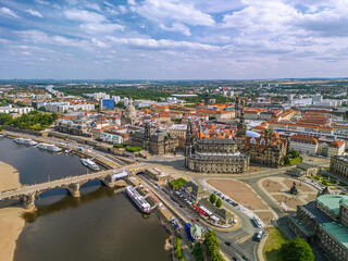Fototapeta na wymiar The drone aerial view of old town of Dresden, Germany. Dresden is the capital city of the German state of Saxony and its second most populous city after Leipzig.