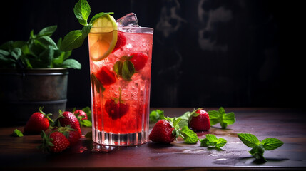 A glass of cold strawberry majito universal colorful new quality technology, image illustration design, generative artificial intelligence