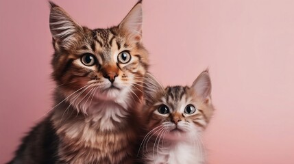 Fototapeta na wymiar Mom cat and baby kitten on light violet background. Generative AI