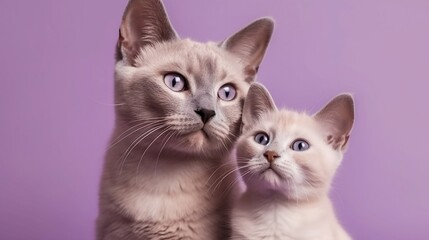 Obraz premium Mom cat and baby kitten on light violet background. Generative AI