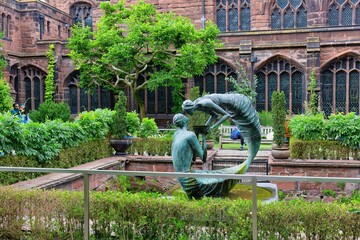 Statue and fountain in the garden of Chester Cathedral