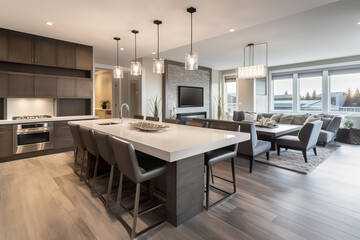 Illustration of a beautiful kitchen with a large island. Kitchen cup and table in a new luxury home. Luxury house interior design. Realistic 3D illustration. Generative AI