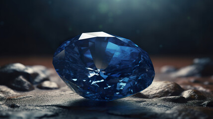 Beautiful cut sapphire stone. Macro stone sapphire mineral. Blue sapphire gemstone oval 3d render. Realistic 3D illustration. Generative AI