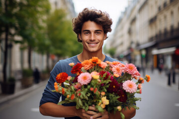 Fototapeta premium Happy young man holding a flower bouquet in his hands, going to a romantic date in Paris