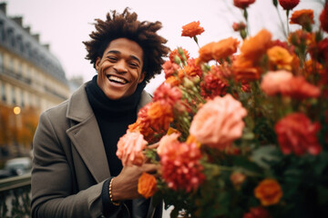 Happy young black man holding a flower bouquet in his hands, going to a romantic date in Paris