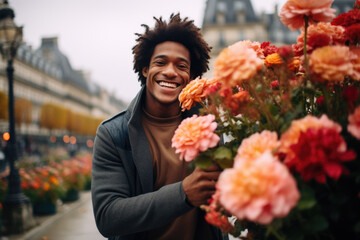 Happy young black man holding a flower bouquet in his hands, going to a romantic date in Paris