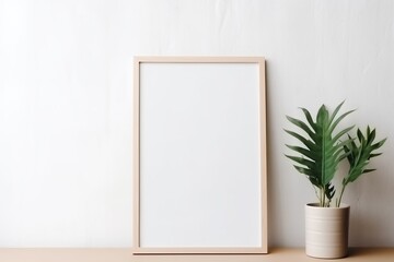 Fototapeta na wymiar Home interior poster mock up with wooden frame and plant on white wall background. Modern home decor. Ready to use template
