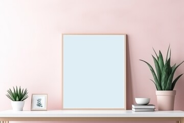 Home interior poster mock up with wooden frame and plant on light pink wall background. Modern home decor. Ready to use template