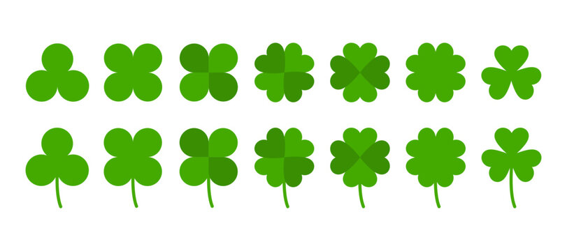 Clover illustration, icon set. Vector tree and four leaf clovers illustrations. Clower sign, symbol. Grass illustration.