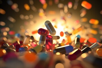 Macro shot of falling colorful tablets and capsules on dark background, created with generative,ai 