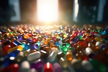 Obraz premium Macro shot of falling colorful tablets and capsules on dark background, created with generative,ai 