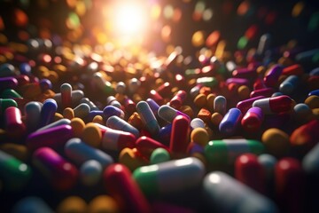 Obraz premium Macro shot of falling colorful tablets and capsules on dark background, created with generative,ai 