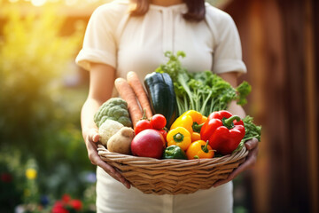 Fototapeta premium Woman holding a basket with fresh vegetables picked from garden close up