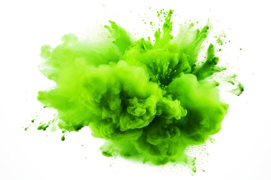 bright green holi paint color powder festival explosion burst isolated white background. industrial print concept background