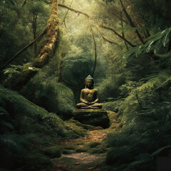 Fototapeta na wymiar Illustration of Buddha meditating in lotus pose in green garden with plants and pond. A large buddha statue in a forest with the sun shining through the trees. Realistic 3D illustration. Generative AI