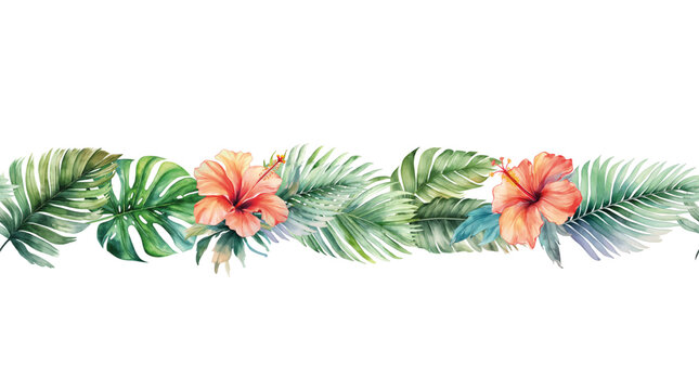 watercolor tropical flowers and leaves border clip art preview