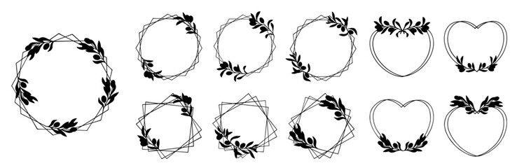 Set of botanical frames with olive branches. Vector graphics.