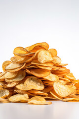 Small stack of delicious crispy potato chips. Potato chips. Stack of crispy potato chips isolated on white background. Realistic 3D illustration. Generative AI