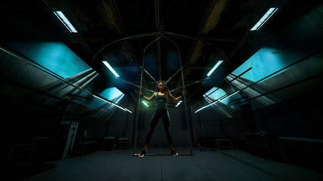 Woman, circus, acrobat, athlete standing in factory hall