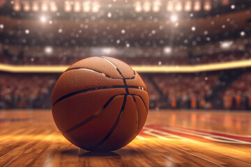 Close up of the basketball in an arena in the background in a cinematic scene. Basketball lying on wooden floor of basketball court and illuminated by spotlights. Generative AI