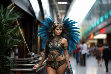 Fototapeta na wymiar aztec princess in shiny armor with fethers on her back and a crown as she is standing in a modern mall - generative ai - imaginary person 
