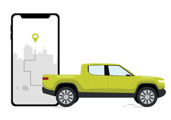 car on the road. truck. green truck. smartphone and car