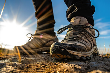 Hiking boots close-up. Tourist walking on the trail. Close up shoes hiker goes against sky and sun. Vacation and travel concept. Realistic 3D illustration. Generative AI