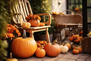 Foto op Canvas Porch of the backyard decorated with pumpkins and autumn flowers © Jasmina