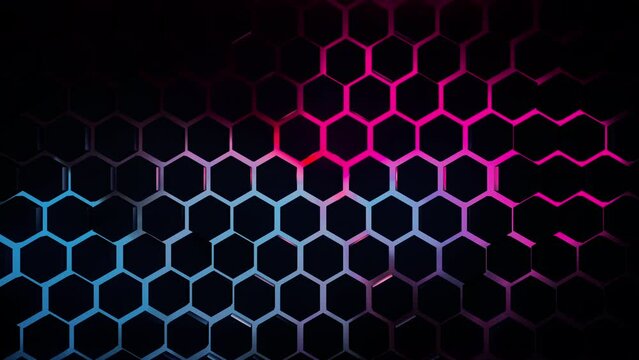 3D render futuristic animated background from hexagon shapes with neon back lighting, minimal hexagonal grid tiles pattern with random objects displacement, 4K live wallpaper