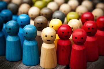 many wooden people figure in a row, the leader stock photo