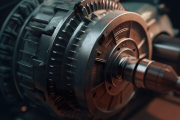 Fototapeta na wymiar Close-up of an electric motor with a pulley and belt for torque transmission. Turbine of energy power. Realistic 3D illustration. Generative AI