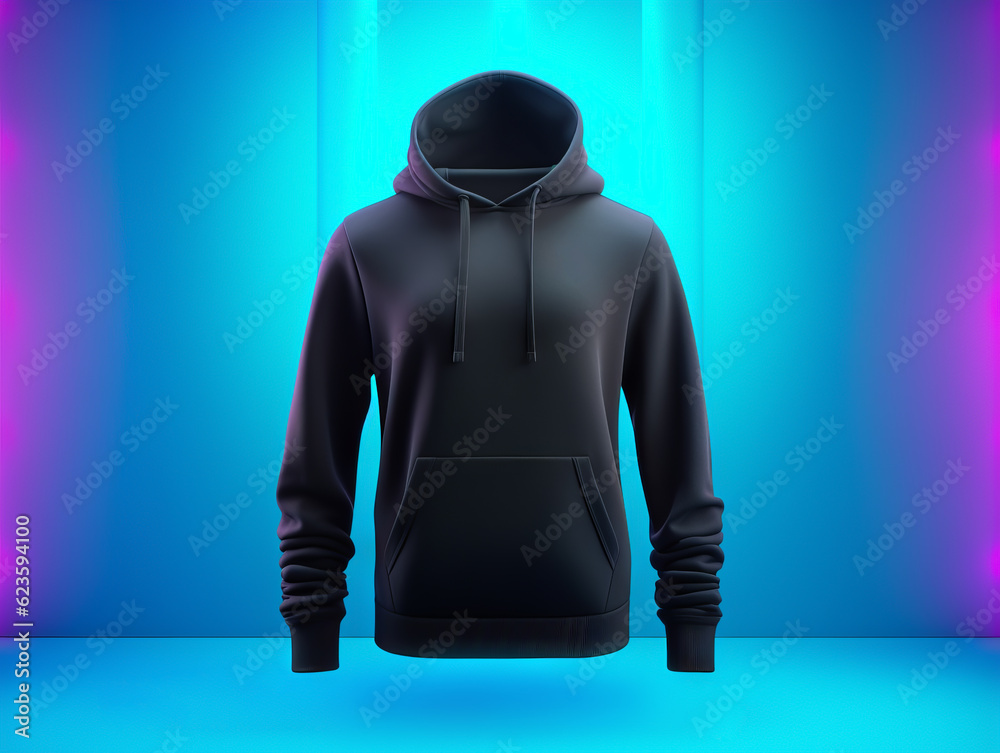Wall mural blank black hoodie mockup on abstract blue background. generative ai - Wall murals