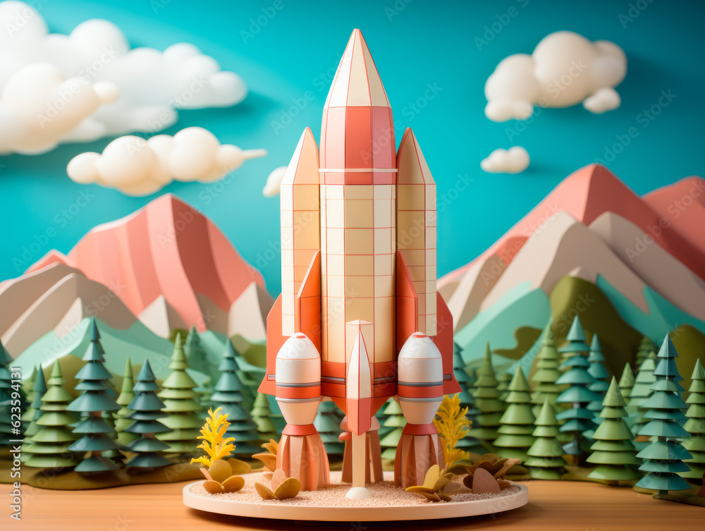 Poster startup concept with launched paper rocket. generative ai