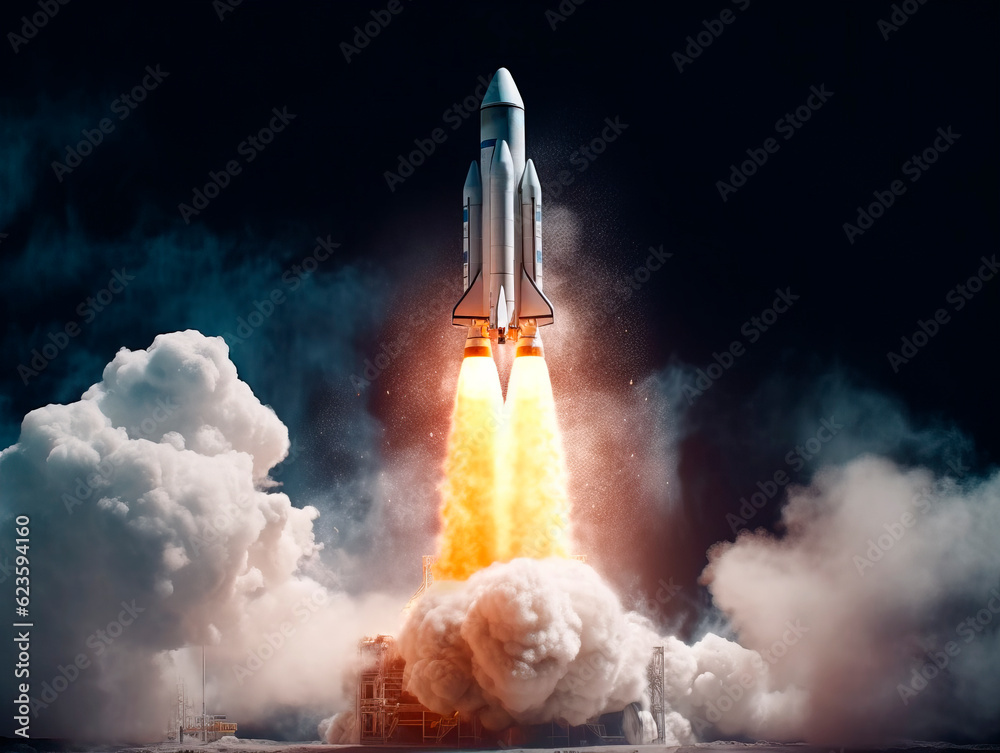 Poster startup and breakthrough concept with launched rocket. generative ai