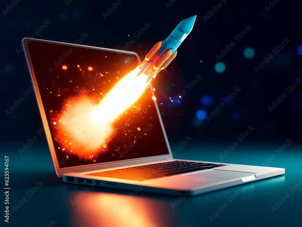 Poster Technological startup concept with rocket take off from laptop. Generative AI