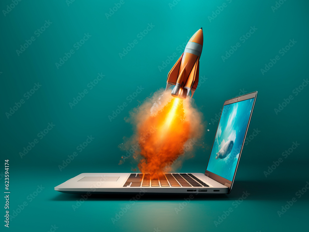Poster technological startup concept with rocket takeoff from laptop. generative ai