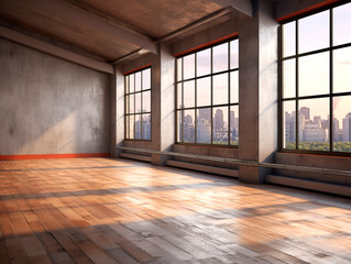 Perspective view of sunny empty loft interior room with wooden floor. Generative AI