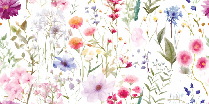 Beautiful vector seamless floral pattern with watercolor hand drawn gentle summer flowers. Stock illustration. Natural artwork