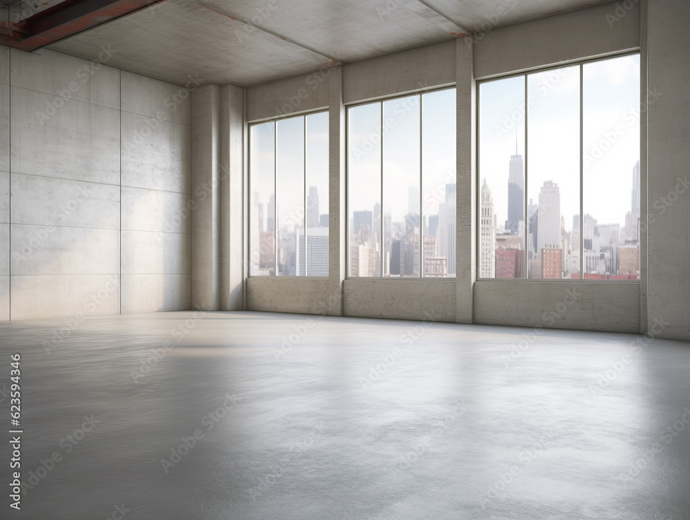 Wall mural Perspective view of empty loft interior room with concrete floor and windows. Generative AI