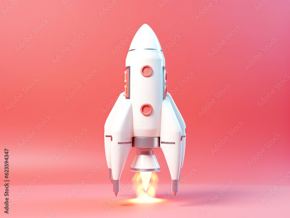 Poster cartoon rocket isolated on red background. generative ai