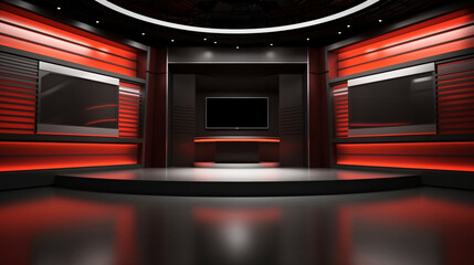 Tv Studio. Red studio. Backdrop for TV shows .TV on wall. News studio. The perfect backdrop for any green screen or chroma key video or photo production. Generative AI technology