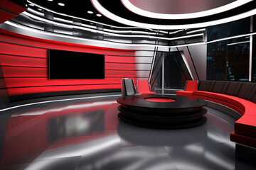 Tv Studio. Red studio. Backdrop for TV shows .TV on wall. News studio. The perfect backdrop for any green screen or chroma key video or photo production. Generative AI technology