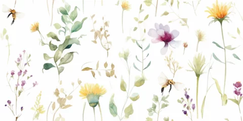 Foto auf Acrylglas Delicate floral seamless pattern with abstract wildflowers, green branches, flying dragonflies and bumblebee, watercolor garden illustration on white background, print for wallpapers, textile, cover © Eli Berr