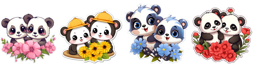 Fototapeta premium Cute Baby Pandas Surrounded BY Pink, Yellow, Blue, Red Flower Petals On Friendship Day Cartoon Stickers. Generative AI