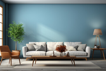 Light-filled interior wall enhances the beauty of a universal gray-blue backdrop Generative AI - obrazy, fototapety, plakaty